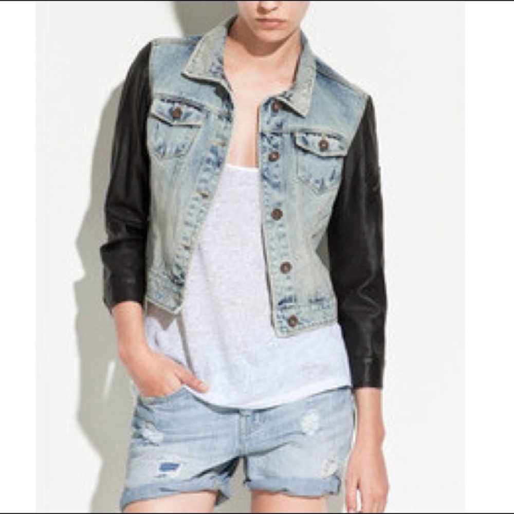 Zara Denim Jacket with Faux Leather Sleeves